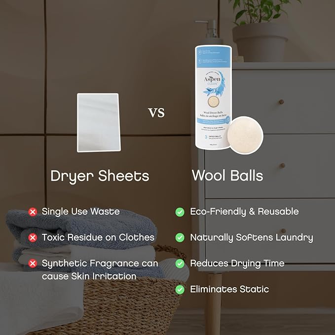 AspenClean | Wool Dryer Balls | 100% Pure New Zealand Wool | Reusable Natural Fabric Softener Alternative | Reduces Drying Time & Static | Pack of 3