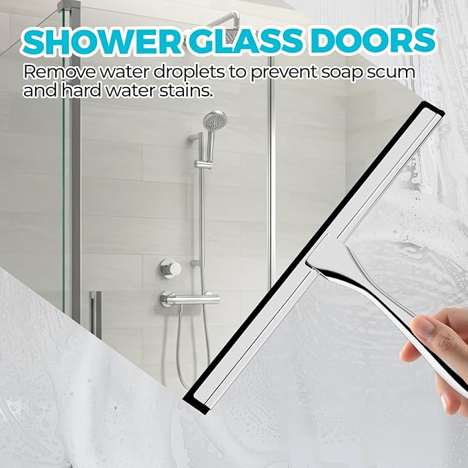 2PACK 12-Inch All-Purpose Shower Squeegee for Shower Doors, Tile Shower Walls, Bathroom, Window, Glass and Car Windshield, Mirrors and Kitchen-Stainless Steel, Silver