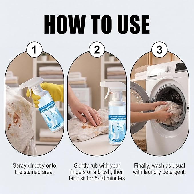 Clothing Emulsifier Stain Remover, Non Ionic Emulsifier Stain Remover, 10oz Clean Shop Non-Ionic Laundry Pre-Treatment Spray for Grease, Oil, Food on Clothes & Shoes (308ml)