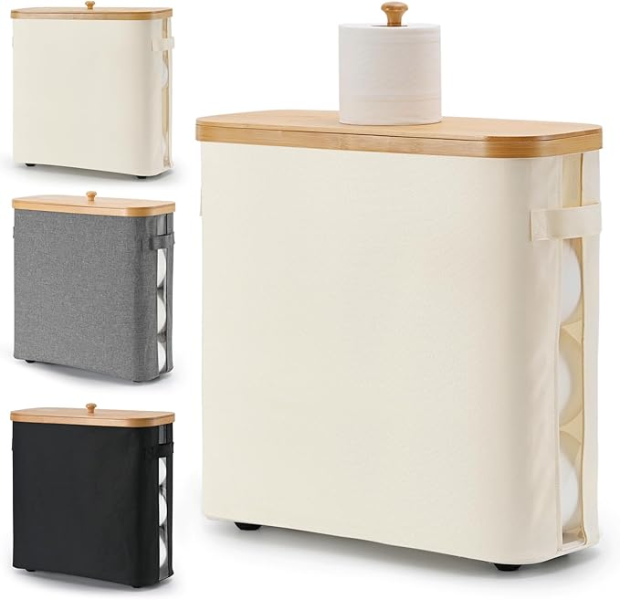 32L Bamboo Toilet Paper Storage Basket with Lid and Handle， Toilet Paper Organizer for Bathroom - Mega Capacity ， Collapsible Bathroom Toilet Paper Holder with Storage, Soft Beige，1 Pack