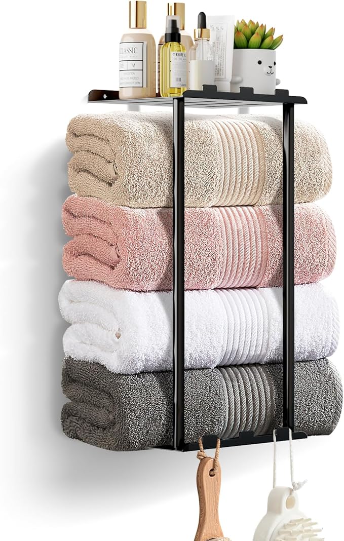 Towel Racks for Bathroom Towel Holder with Shelf & 6 Hooks Wall Mounted Towel Storage Rack for Rolled Towels Organizer, Sturdy Metal Towel Shelf, Black