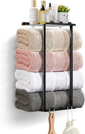 Towel Racks for Bathroom Towel Holder with Shelf & 6 Hooks Wall Mounted Towel Storage Rack for Rolled Towels Organizer, Sturdy Metal Towel Shelf, Black