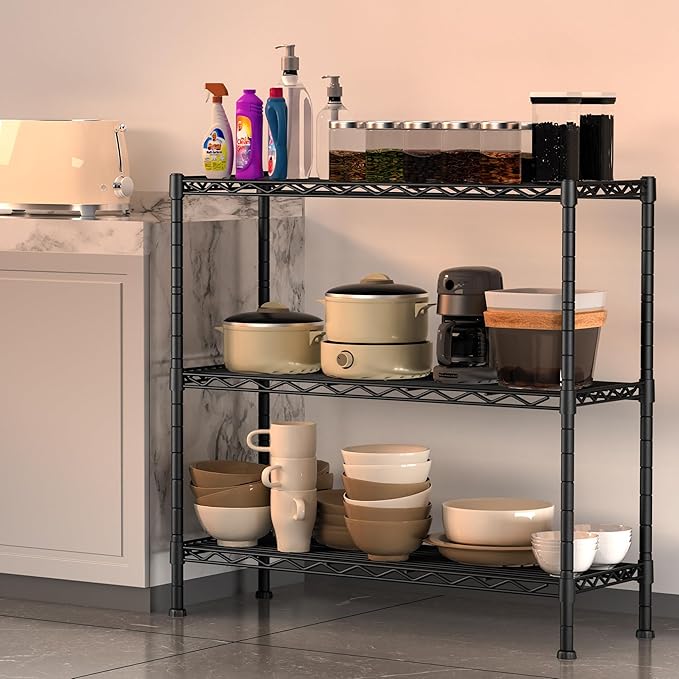 Soywey 3-Shelf Adjustable Heavy Duty Storage Shelves,36" Wx14 Dx35.8 H Metal Organizer Wire Rack for Laundry Bathroom Kitchen Pantry Closet Garage Shelving Black