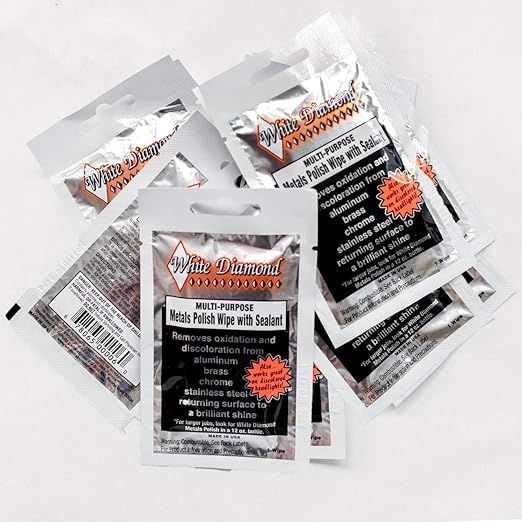 White Diamond Metal Polish with Long Lasting Sealant, Wipe (12 Wipes) is a Cleaner and Polisher All in one. Removes Oxidation and Discoloration from Aluminum, Brass, Chrome and Many Other Metals
