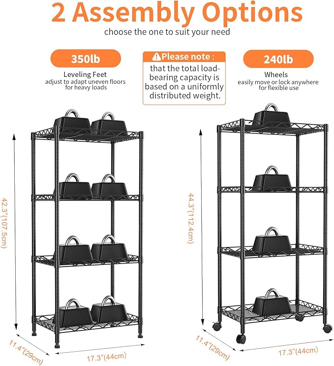 4-Tier Wire Shelf Metal Rack,Narrow Wire Shelving Unit 17.3" Wx11.4 Dx44.3 H,Height Adjustable Storage Pantry Shelves with Lockable Wheels for Kitchen,Laundry,Office,Bathroom Or Small Spaces