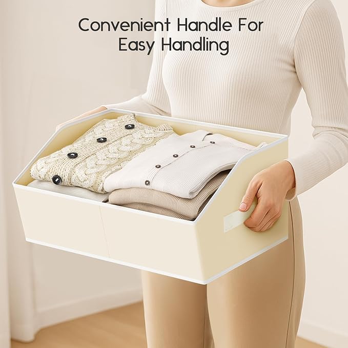 Large Closet Organizers and Storage Bins - 6 Pack Trapezoid Storage Baskets for Shelves, Foldable Fabric Baskets with Handles Ideal for Closet, Basket, Wardrobe and Shelf Storage, Beige