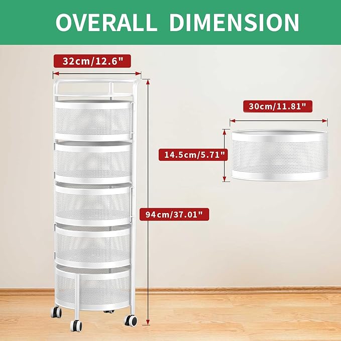 JAQ 5-Tier No Assembly White Rotating Storage Rack, Large Capacity Utility Cart for Kitchen Bathroom Nursery, Heavy Duty Fruit Vegetable Stand, White