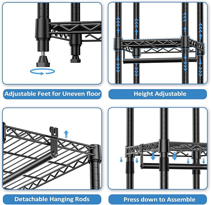 IZEUK Heavy Duty Rolling Garment Rack Wire Clothes Rack for Hanging Clothes (Black, 3 composition, 15.7" D x 43.3" W x 76.5" H)