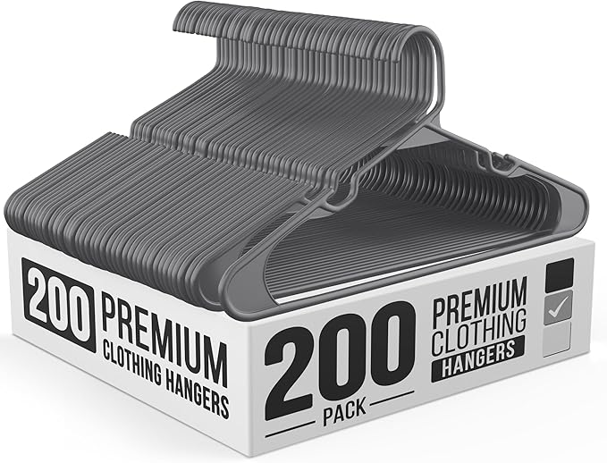 Our Modern Space 200 Pack Plastic Hanger for Shirt Pants Coats Dresses Skirts Suits Jackets - Standard Thick Coat Hanger - Sturdy & Durable Design with Shoulder Grooves Hook - Grey