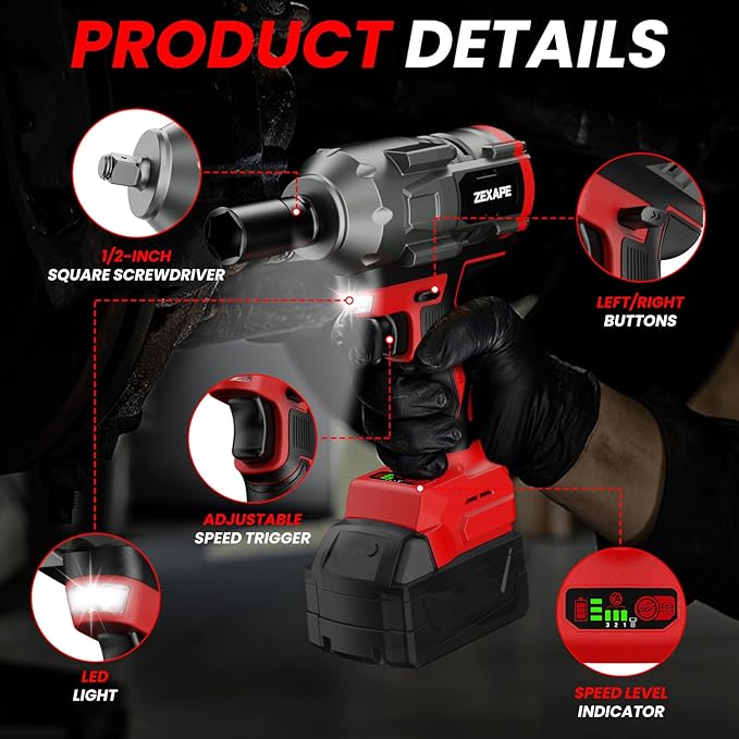 Cordless Impact Wrench 1/2 inch for Milwaukee 18V Battery, Impact Wrench 1360N.m(950Ft-lbs) High Torque Brushless Electric Impact Gun, Power Impact Driver with 3-Mode Speed, LED Work Light(no battery)