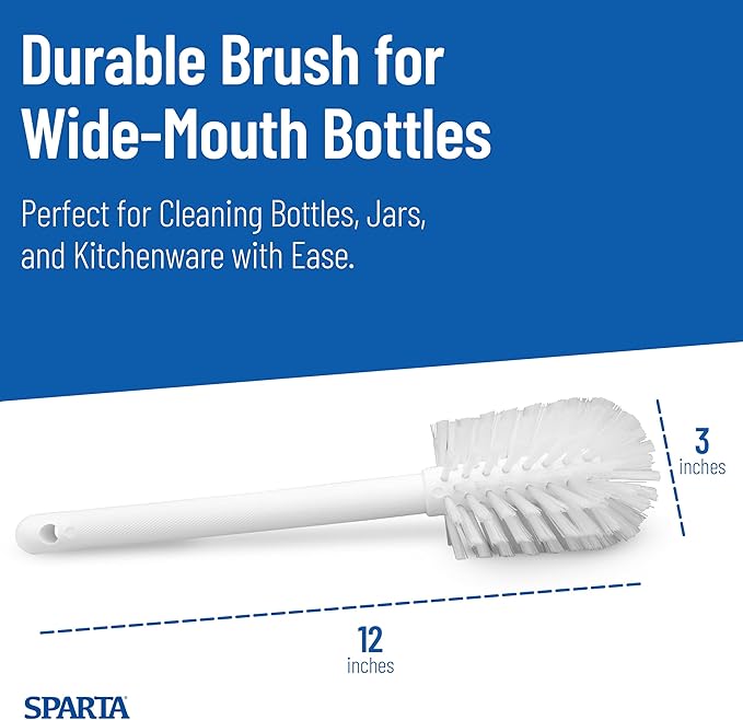 SPARTA Large Water Bottle Brush Ideal for Wide-Mouth Jars, Bottles and Tumblers, Dishwashing Tool with Handle for Home and Commercial Kitchens, Plastic, 12 Inches, White, (Pack of 6)