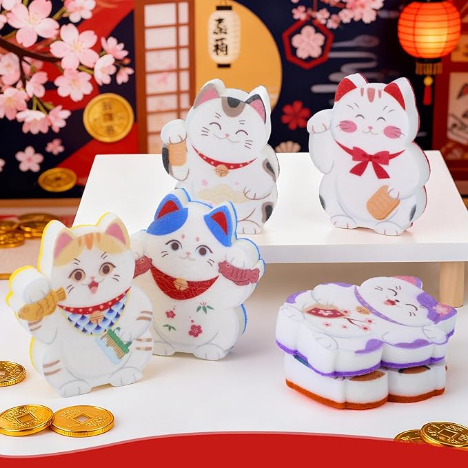 6 Pieces Cat Kitchen Sponges Lucky Cat Design Sponges Fun Non-Scratch Scrub for Washing Dishes Pots Pans and Household Cleaning Supplies for Kitchen Dishes Furniture Gifts