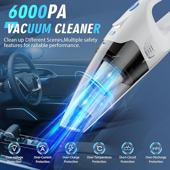 FUOAYOC Handheld Vacuum Cordless,Car Cordless Rechargeable, 6KPA Powerful Suction Hand Held Vacuum with LED Light/Multi Accessories, 1.6lbs Mini Portable Vacuum Cleaner for Home/Car/Office Cleaning