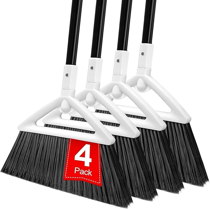 Heavy Duty Angle Broom 4 Pack - White Broom for Outdoor & Indoor, Garage, Driveway, Sidewalk, Kitchen & More, Long Handle
