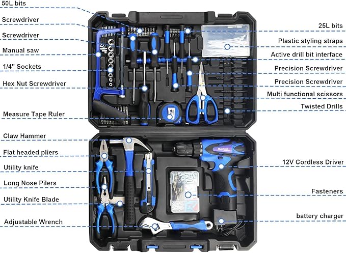 Tool Box-261-Piece Home Tool Kit with 12V Cordless Drill & Accessories | Electric Power Drill Driver Tool Set for House, Garage, Garden, Office DIY Repairs & Projects