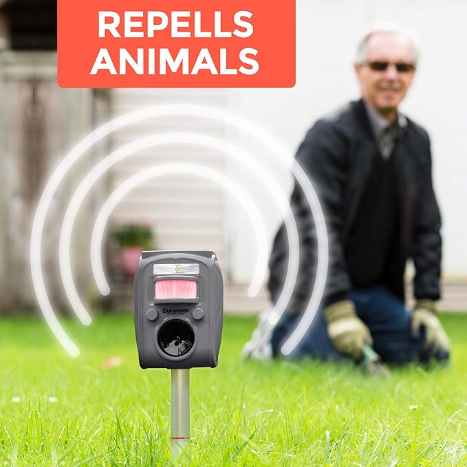 DURANOM Ultrasonic Animal Repeller – Solar Powered Outdoor Deterrent with Flashing Light & Motion Sensor – Repels Deer, Cats, Rodents, Raccoons – Animal Control for Yard & Garden