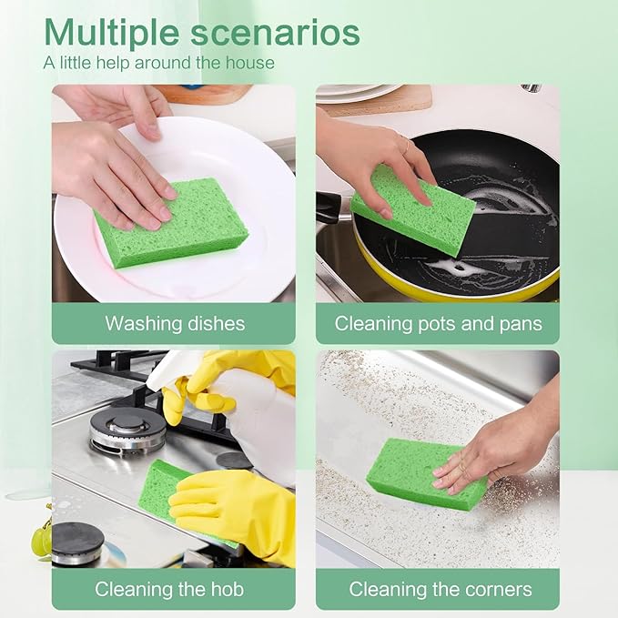 Large Cellulose Sponges, Kitchen Sponge for Dish, Thick Heavy Duty Scrub Pads, Non-Scratch Scrubber for Household/Cookware/Bathroom/Office/Boat 5.5" x 3" x 1" (7 Pack) Green
