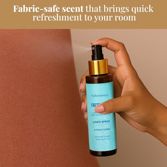 Folkulture Linen Spray - Odor Eliminator | Fragrance Spray for Bedding, Pillow, Clothes, Home | Citrus Scent Fabric Freshener for Laundry, Bed Sheets, Room with Natural Essential Oils | 3.34 Fl Oz