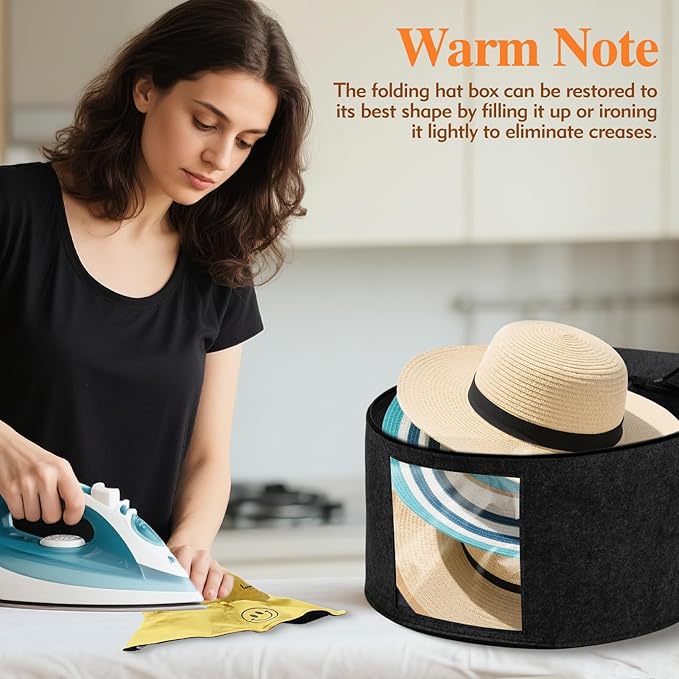 Kovpnor Round Hat Box, Stackable Felt Hat Boxes for Women Storage, Foldable Premium Hat Travel Case with Dustproof Lid, Space Saving Hat Organizer(Black)
