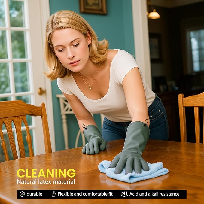 Dishwashing Gloves for Kitchen, 4 Pairs Rubber Cleaning Household Dish Washing Latex Glove with Hanging Hook (Black+Blue+Green+Grey, Large)