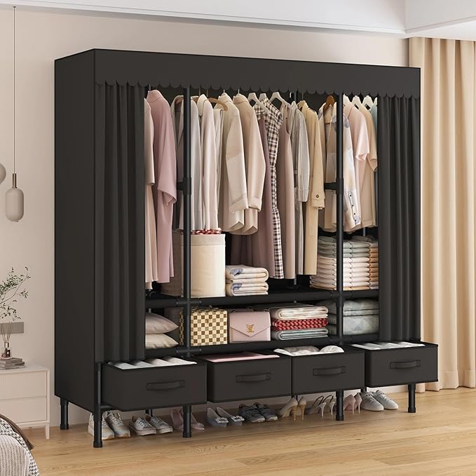 Portable Closet,Garment Rack,Heavy Duty Clothes Rack with Cover,Wardrobe Closet with 3 Hanging Rods, 6 Storage Shelves and 4 Drawers,55.1" L x 17.7" W x 67.7" H,Black
