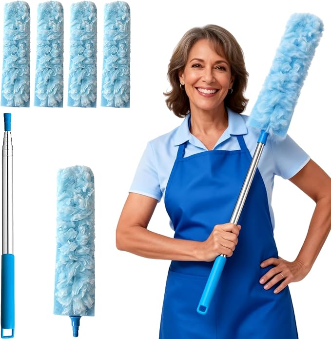 100 Inch Extended Handle Duster Heavy Duty Dusting 360° Duster Refills Kit, Microfibers Multi-Surface Dusters. Efficient Duster Kit for Cleaning Pet Hair, Home, Office, Blinds, Furniture (Blue)