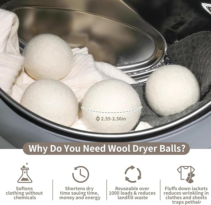 Organic Wool Dryer Balls, Wool Balls for Dryer, Laundry Balls for Dryer Reusable 6P Reducing Clothing Wrinkles,Saving Drying Time and Fabric Fluffier 100% New Zealand Wool Lint Balls (18p White)