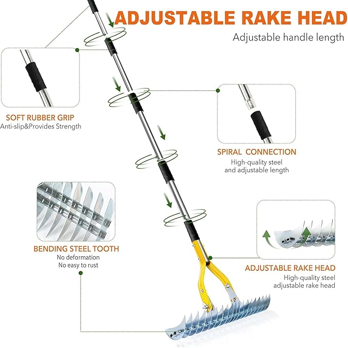 Thatch Rake,15" Lawn Dethatcher Rakes,Dead Grass Remover,Manual Dethatching Rake with Adjustable Length Handle,Scarifier Rake,Thatching Rakes for Lawns Grass Loosening Soil