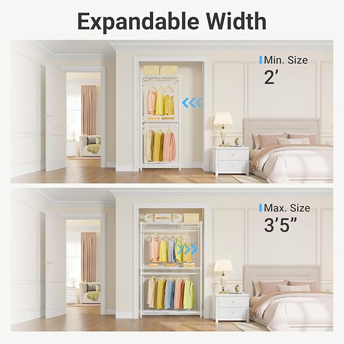VIPEK X1 Expandable Clothes Rack Heavy Duty Adjustable from 2' to 3'5" with Flexible Shelves and Hanger Rods Metal Garment Racks Portable Closet Rack Clothing Racks for Hanging Clothes, White