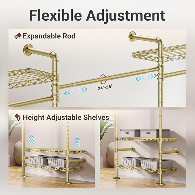 Timate F4 Wall Mounted Clothes Rack Industrial Pipe Clothing Rack for Hanging Clothes, Expandable Garment Rack Heavy Duty Wardrobe Closet Organizer and Storage, Adjustable Industrial Closet Kit, Gold