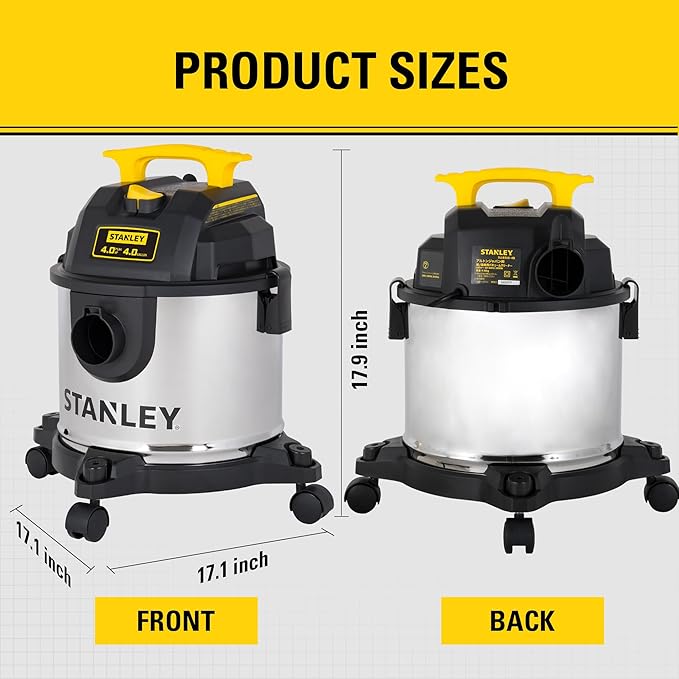STANLEY 4 Gallon Wet Dry Vacuum, 4 Peak HP Stainless Steel 3 in 1 Shop Vacuum Blower with Powerful Suction, Vacuum for Job Site, Garage, Basement, Workshop, Top Handle, Portable Wet Dry Vac SL18301-4B
