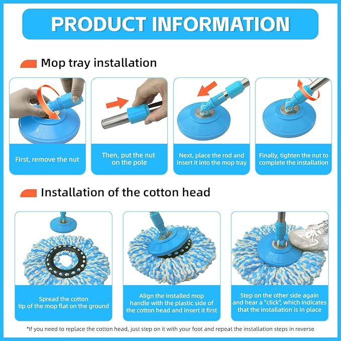 Spin Mop Replacement Handle 360 Degree Spin Mop Pole Handle Replacement Rotating Telescopic Stick for Mop Head, Ideal for Home and Household Cleaning