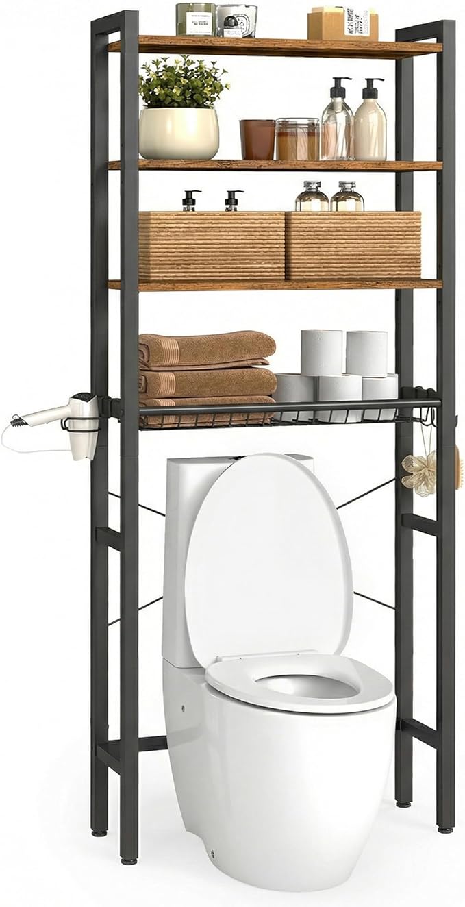 VASAGLE Over the Toilet Storage, Over Toilet Bathroom Organizer with Adjustable Shelves and Basket, 3 Hooks, Space Saving, 9.4 x 23.6 x 68.1 Inches, Rustic Brown UBTS114KD01S