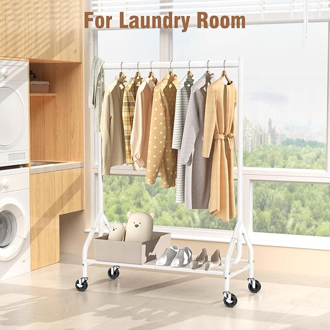 EAGMAK Heavy Duty Clothes Rack Load 420 LBS, Rolling Garment Rack with Lockable Wheels, Standing Metal Clothing Rack with Shelves, Portable Wardrobe Sturdy Coat Rack for Hanging Clothes (White