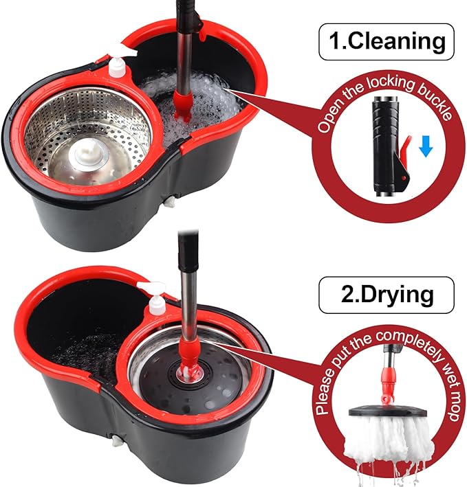Spin Mop and Bucket with Wringer Set, 360° Spinning Mop Bucket System with 3 Microfiber Mop Replacement Heads, Adjustable Handle for Floor Cleaning (Black)