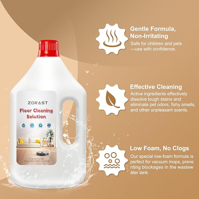 Floor Cleaning Solution, 82 Fl Oz, Compatible with All Roborock Mopping Robots (S7, S8, Qrevo, Q7, Q8 series), Deep Streak Cleans for Multiple Hard Floors, Low-Foam Delivers Clog Free
