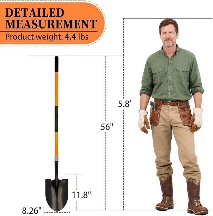 Shovel for Digging Heavy Duty Metal Shovel with Fiberglass Handle, 56 Inches