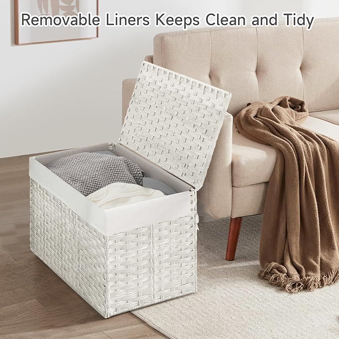 240L Wicker Storage Basket with Lid, Handwoven Rattan Large Shelf Basket with Removable Liner, 63.5 Gallon Wicker Basket for Blanket, Storage Trunk with Handle for Closet, Bedroom, Livingroom, White