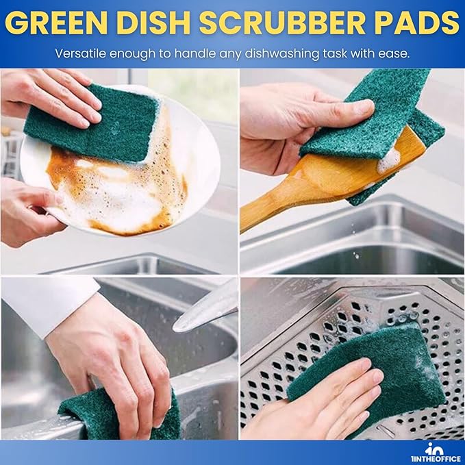 Green Scouring Pads, Non-Scratch Dish Scrub Pads, Heavy Duty Cleaning Pads for Kitchen, Dishes, Pots, Pans, Grills, 3.5" x 3.5", 20 Pack