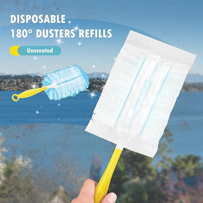 60 Count 180° Duster Refills Compatible with Dusters 180 Handle Dusters, Heavy Duty Multi-Surface Duster Replacement with 1 Extra Handle, Unscented