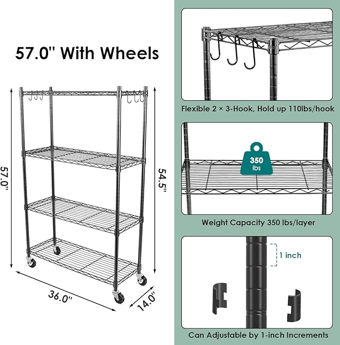 WDT 4-Tier Storage Shelves, Heavy Duty Metal Shelves Wire Rack Shelving Unit, Adjustable Shelf with Wheels for Home Office Garage Kitchen Shelf, 36" D x 14" W x 58" H