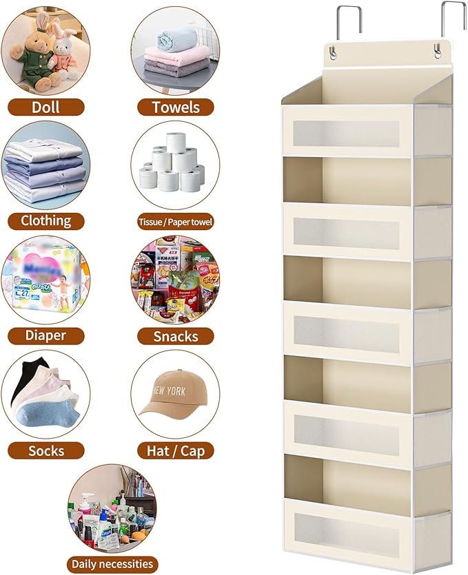 Over The Door Organizer with 5 Large Pockets, Over the Door Storage 10 Side Pocket 44 lb Load Behind Door Storage, Closet Door Organizer Hanging Shelf for Wall Bathroom Bedroom Nursery, 5-Tier Beige