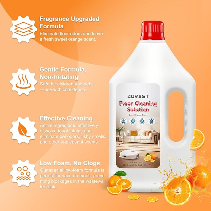 Floor Cleaning Solution Sweet Orange Scent, 82 Fl Oz, Compatible with All Roborock Mopping Robots (S7, S8, Qrevo, Q7, Q8 series), Cleans for Multiple Hard Floors, Deep Deodorization Free StainBusting