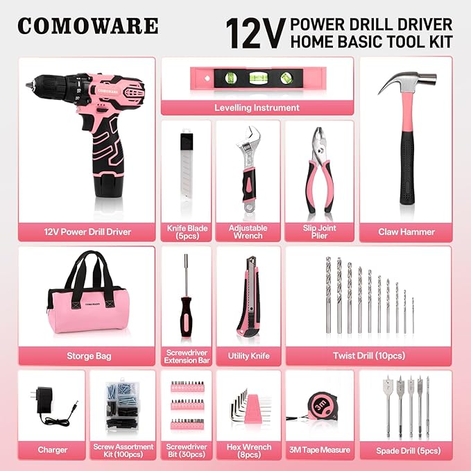 COMOWARE 12V Cordless Drill Set, Pink Hand Tool Set with Cordless Drill Driver, Complete Repair Tool Kit for Women, Storage Bag, Ideal for Office, Garden, Dorm and DIY Project