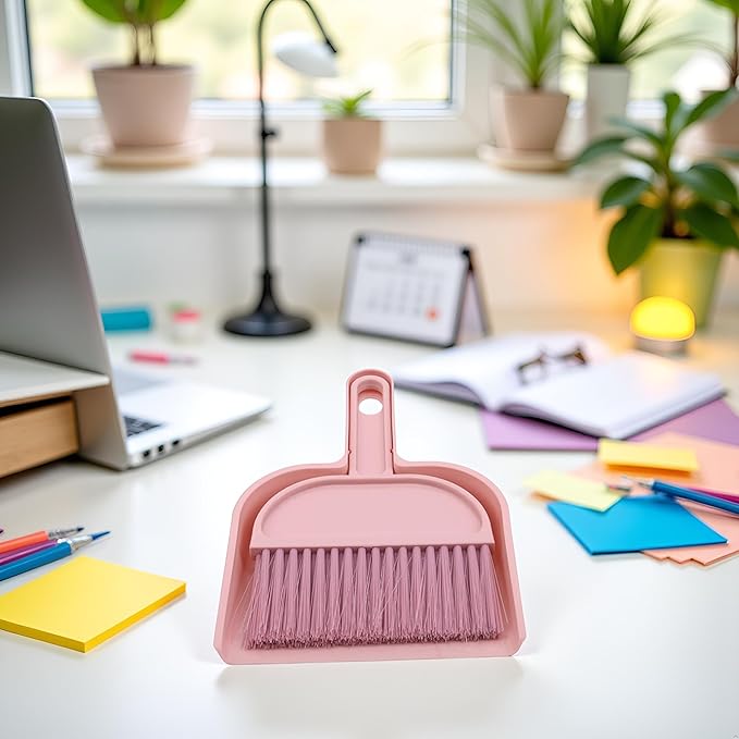 Plastic Mini Broom and Dustpan,Mini Cleaning Brush with Dustpan Set Desktop Cleaning Accessories,Pink with Set,Plastic Broom