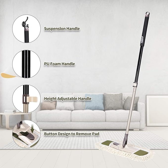 Eyliden Dust Mop with Reusable Washable Pads - One Touch Replacement, Height Adjustable Handle, Total 2 Mop Cloths, Wet Dry Mops for Floor Cleaning, Hardwood, Laminate, Tile Floor Push Dust Broom