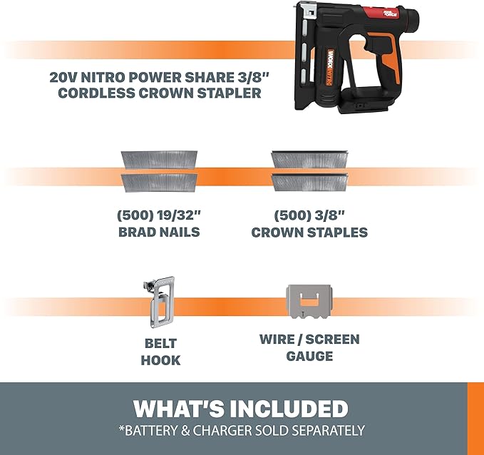 Worx Nitro 20V Power Share 3/8” Cordless Crown Stapler with Air Impact Technology - WX843L.9 (Tool Only)