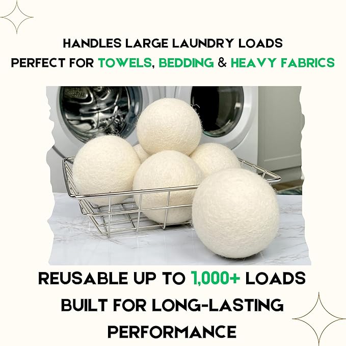 Wool Dryer Balls – 100% New Zealand Wool, Reduces Drying Time, Softens Laundry&Removes Wrinkles, Alternative to Plastic Balls & Natural Fabric Softener, Reusable Eco-Friendly Dryer Balls(Pack of 6 XL)