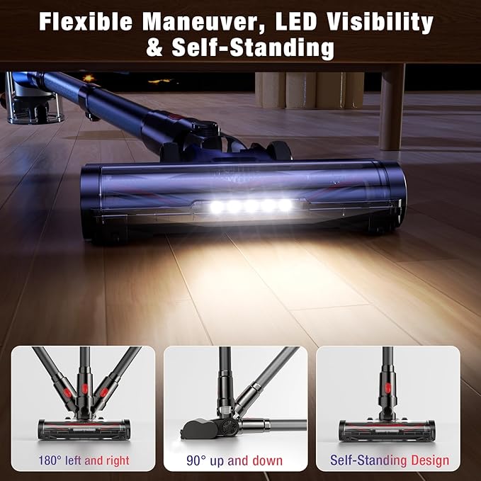 Zyxrona Cordless Vacuum Cleaner, 450W/40Kpa Stick Vacuum with Powerful Suction, 50Min Vacuum Cleaner for Home, Anti-tangle and 1L Dust Cup, 8 in 1 Lightweight Vacuum for Hardwood Floor Carpet Pet Hair
