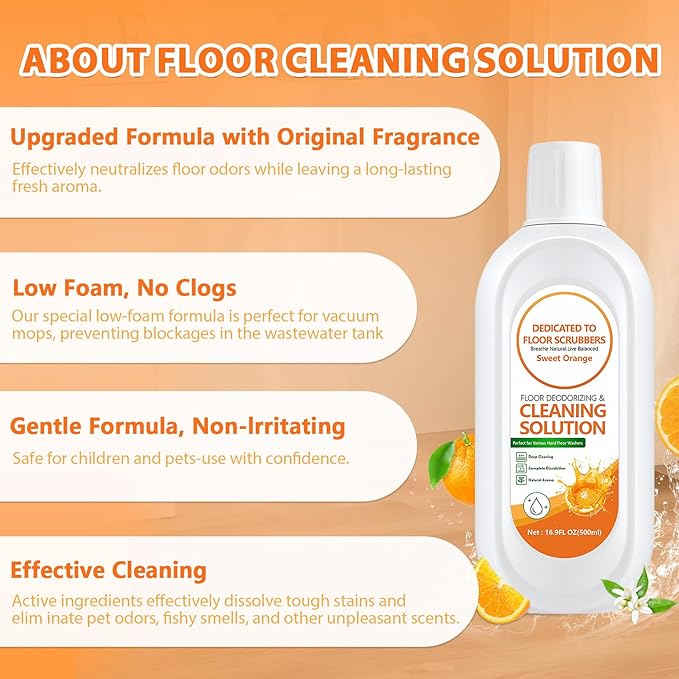 Floor Cleaning Solution Compatible with Tineco – Orange Floor Cleaner – Long-Lasting, Subtle Fruit Scent– For All Cordless Wet/Dry Vacuum Mop Cleaner & Robot Vacuums with Mopping (2 Bottle)
